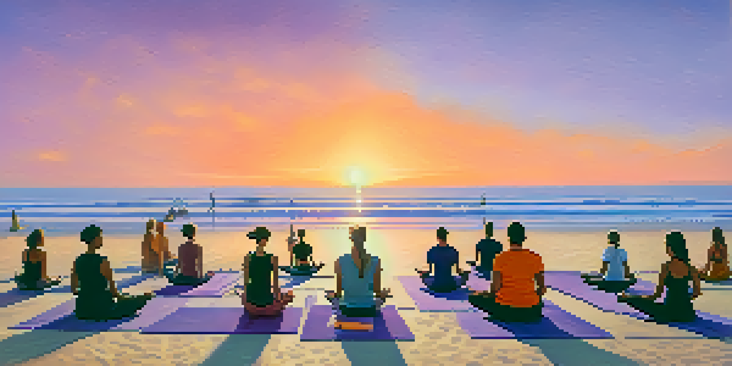 A peaceful sunset scene at Santa Monica beach where a diverse group of people is practicing yoga on the sand, with colorful skies and calm waves.