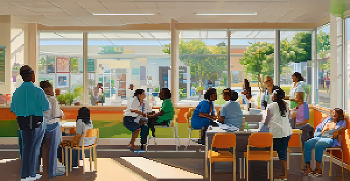 A community health clinic in Santa Monica with diverse people receiving care, warm sunlight, and colorful health service posters.