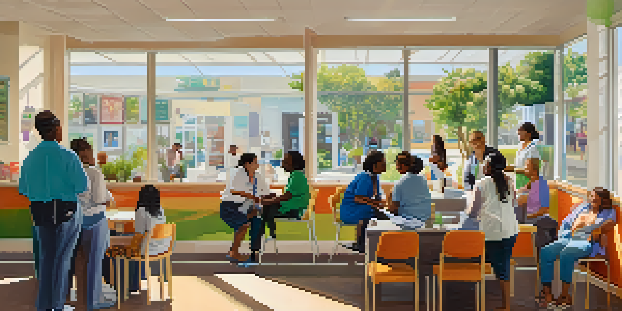 A community health clinic in Santa Monica with diverse people receiving care, warm sunlight, and colorful health service posters.