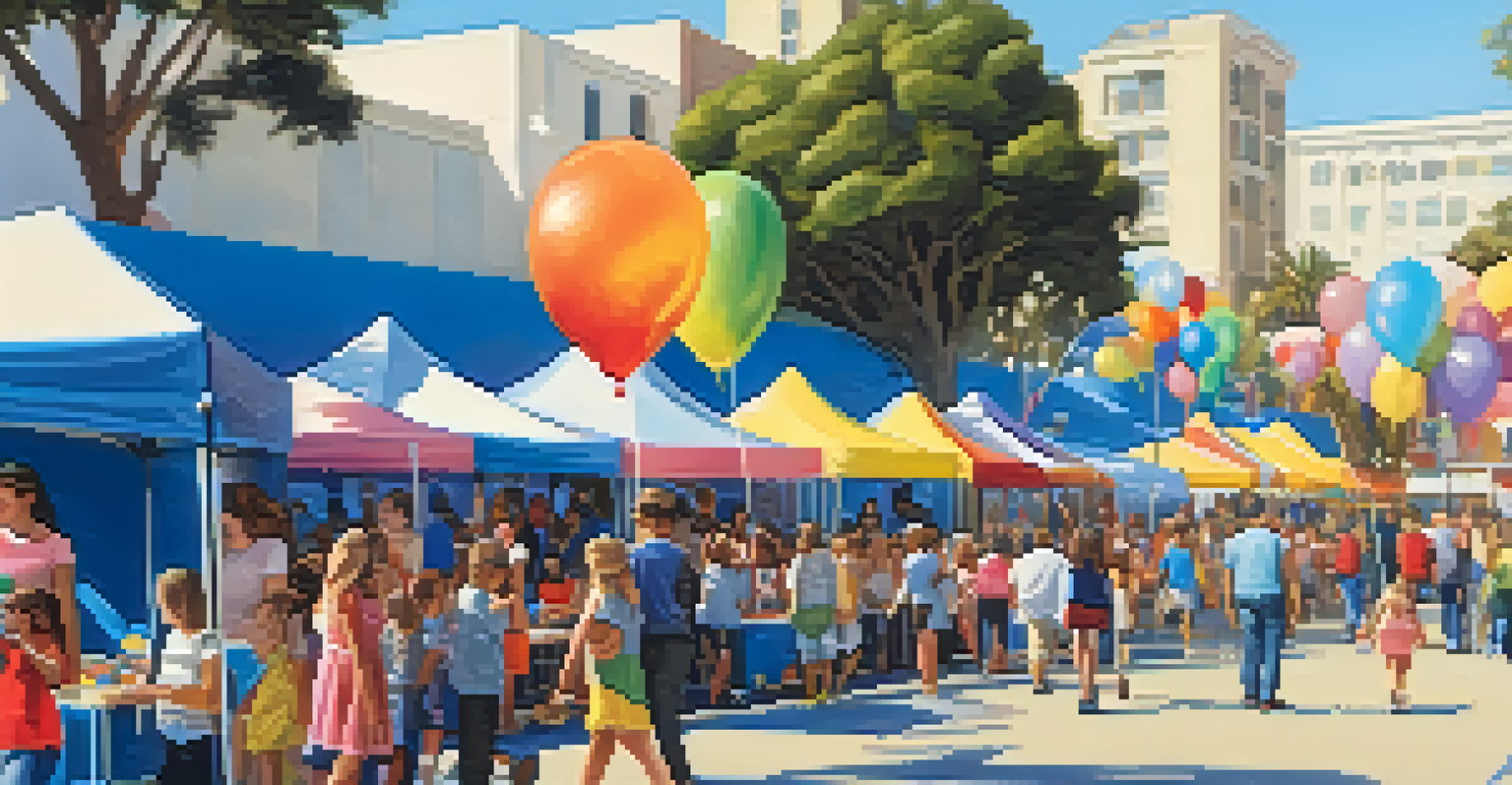 Families and children enjoying a community fair at a school, with colorful booths and activities in a bright outdoor setting.