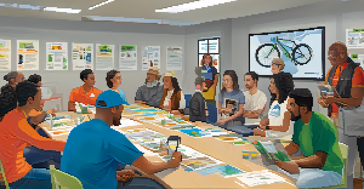 A community workshop on bicycle safety with diverse participants discussing safety materials and gear.