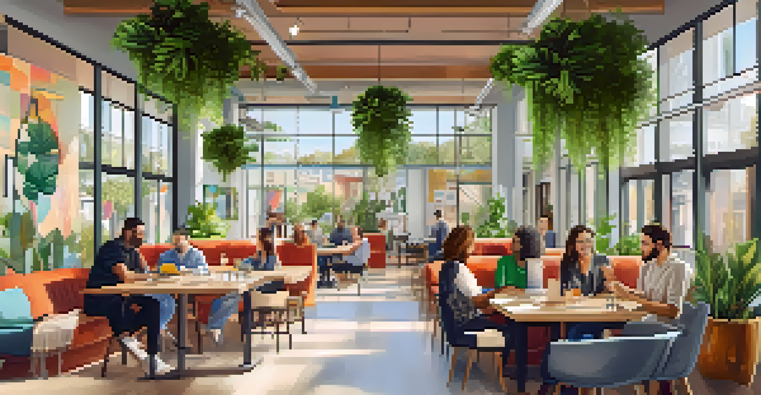 A modern coworking space in Santa Monica filled with diverse professionals collaborating at communal tables under bright natural light.