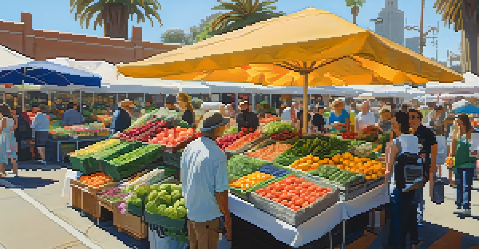 A lively Santa Monica Farmers Market with fresh produce, flowers, and local vendors interacting with shoppers.