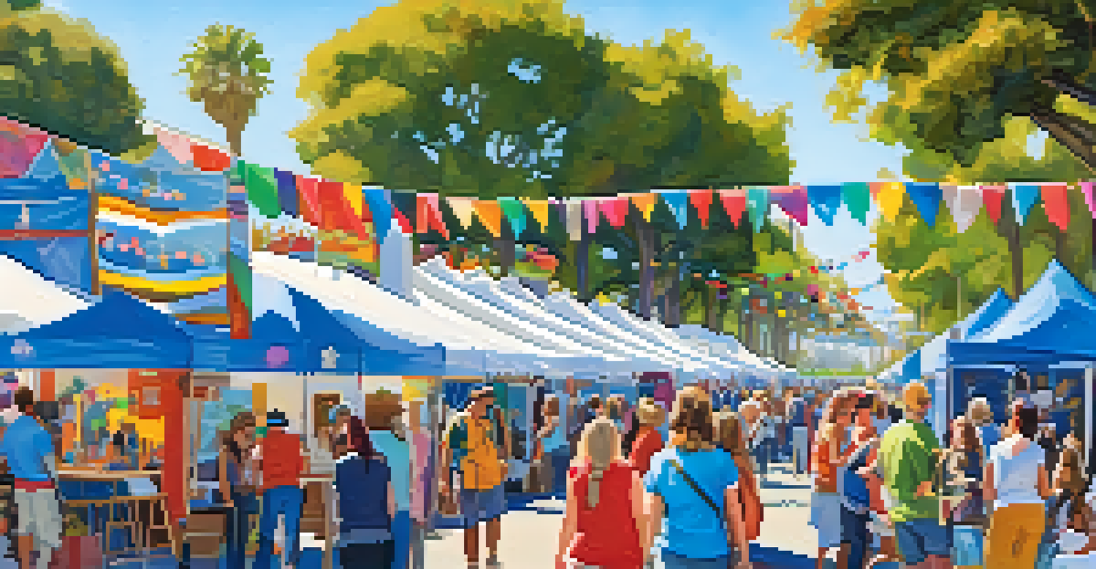 A lively Arts & Crafts Festival in Santa Monica featuring colorful booths with handmade crafts, local artworks, and children engaged in creative activities under a clear blue sky.