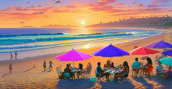 A group of diverse podcasters recording a podcast at Santa Monica beach during sunset with colorful umbrellas and surfboards around.