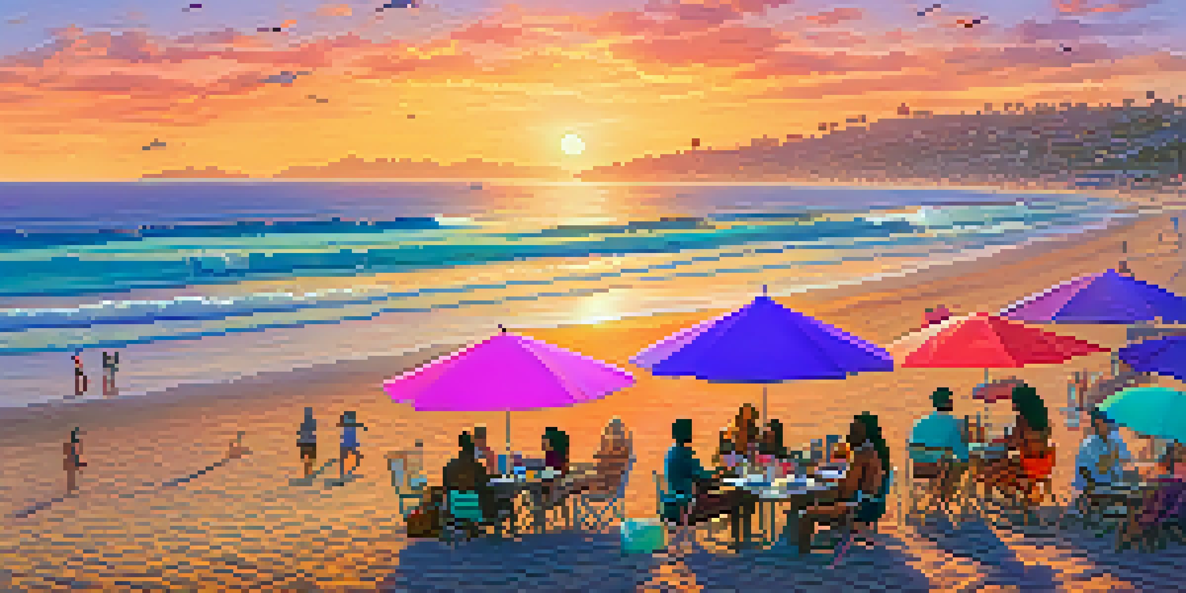 A group of diverse podcasters recording a podcast at Santa Monica beach during sunset with colorful umbrellas and surfboards around.
