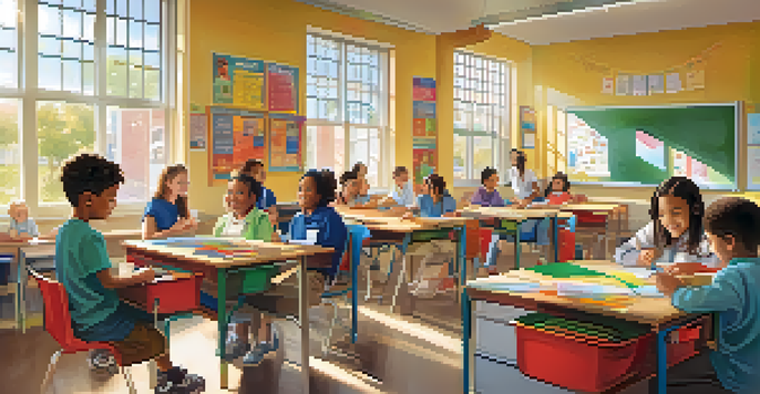 A classroom with diverse students, including those with disabilities, participating in collaborative learning, with sunlight streaming in.