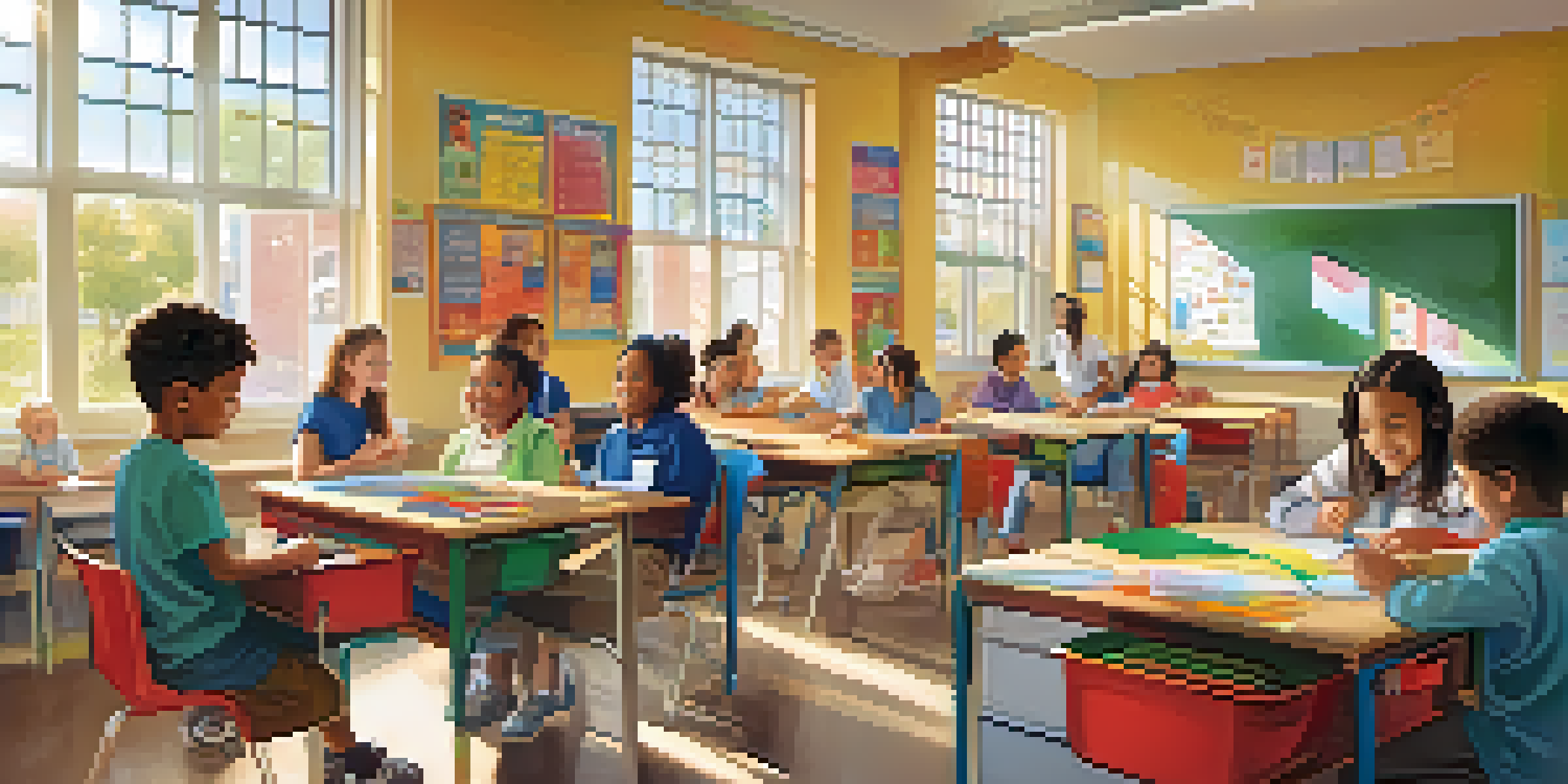 A classroom with diverse students, including those with disabilities, participating in collaborative learning, with sunlight streaming in.
