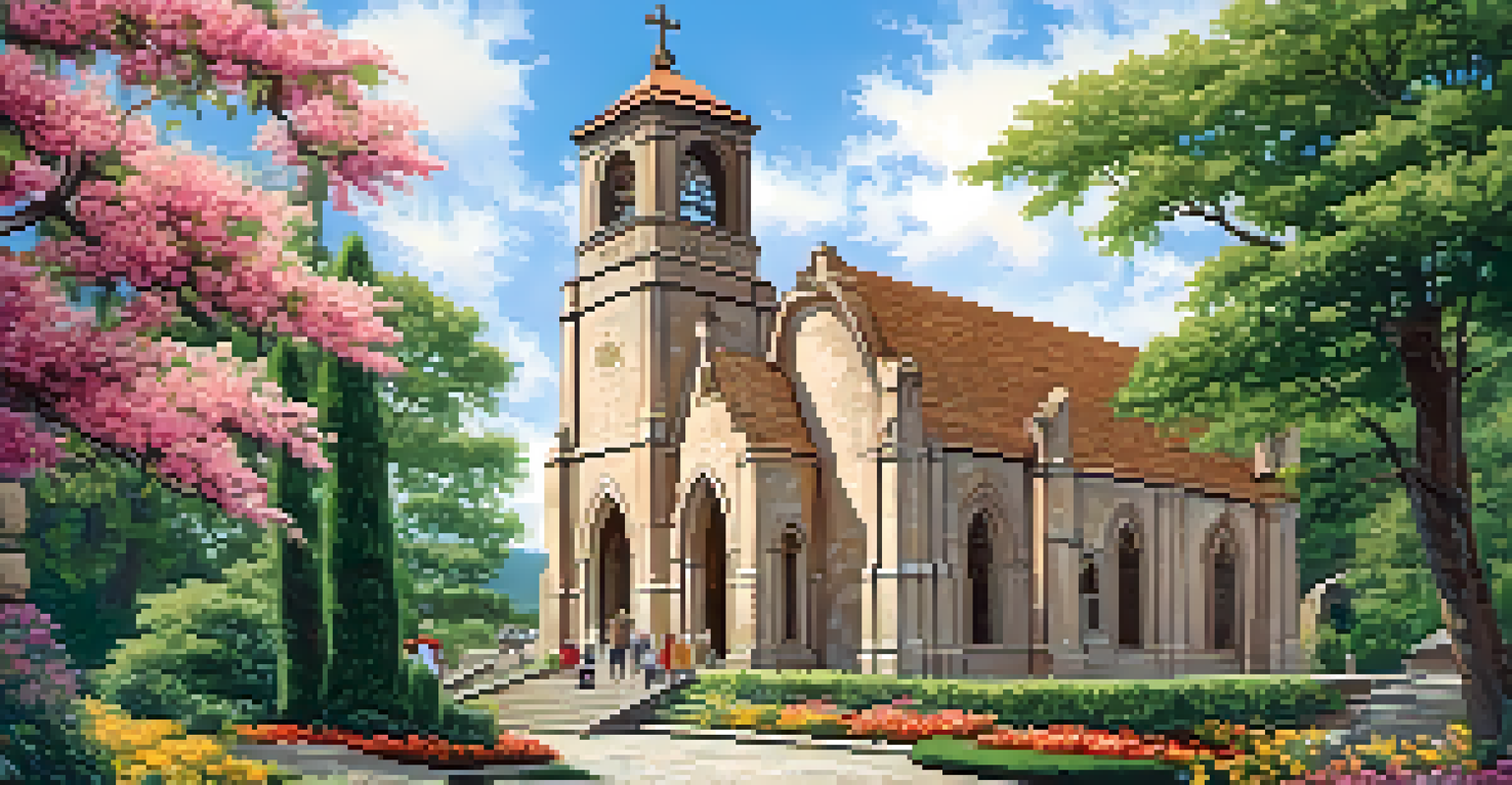 A historical landmark surrounded by greenery and flowers, with visitors admiring the architecture under a clear blue sky.