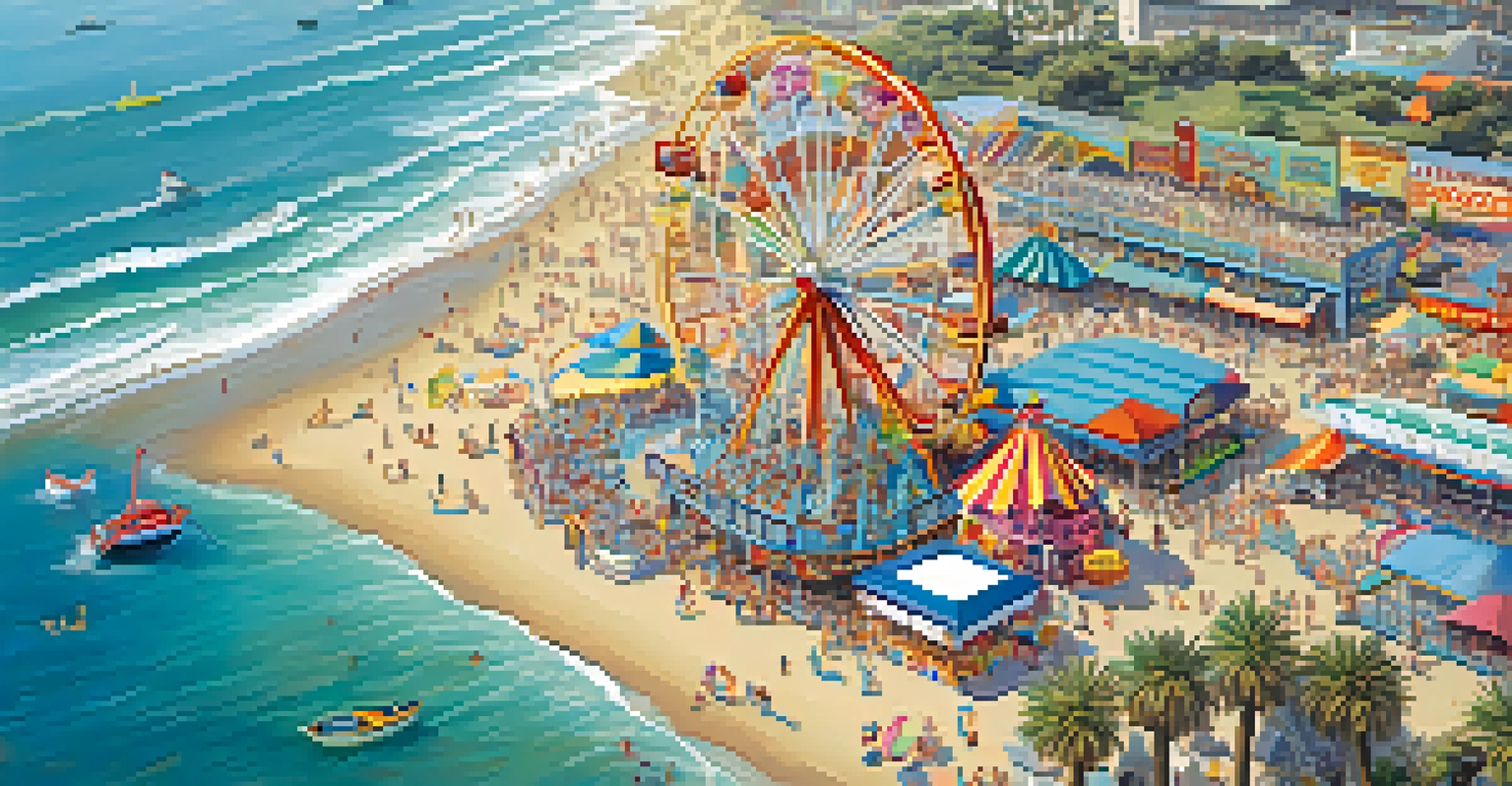 An aerial view of Pacific Park on Santa Monica Pier featuring colorful rides, illuminated Ferris wheel, and the ocean in the background.