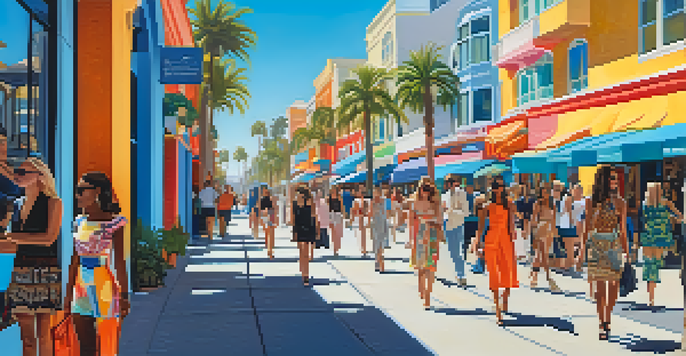 A lively street scene in Santa Monica filled with people in stylish clothing, palm trees, and boutique shops under a sunny sky.