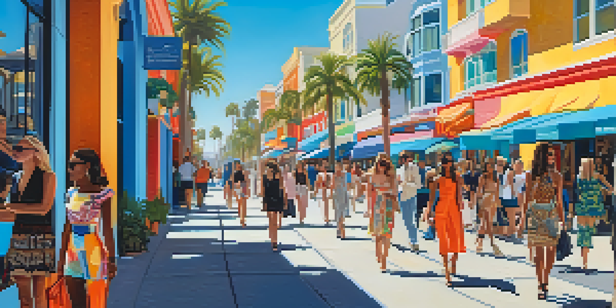 A lively street scene in Santa Monica filled with people in stylish clothing, palm trees, and boutique shops under a sunny sky.
