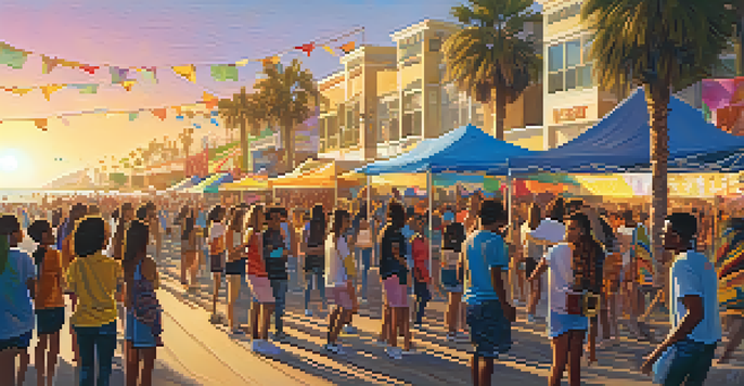 A diverse group of young people enjoying a community cultural festival in Santa Monica, with colorful decorations and warm sunset lighting.