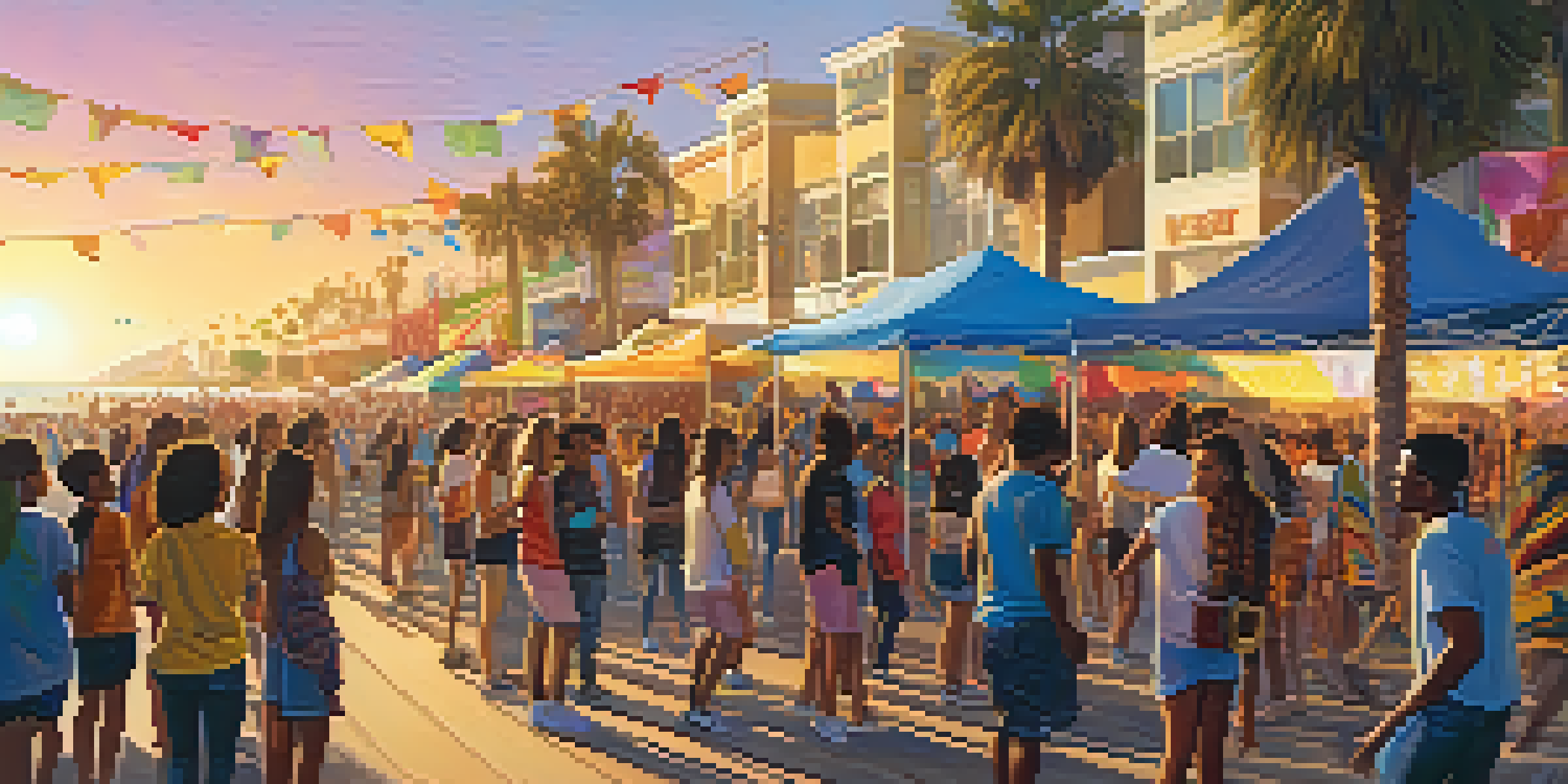 A diverse group of young people enjoying a community cultural festival in Santa Monica, with colorful decorations and warm sunset lighting.