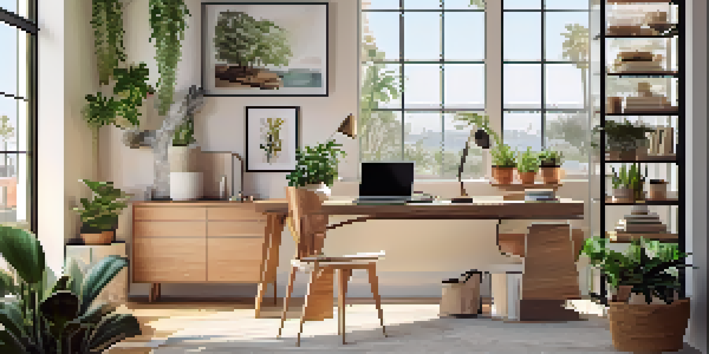 A cozy home office setup with a desk, laptop, and plants, illuminated by natural light.
