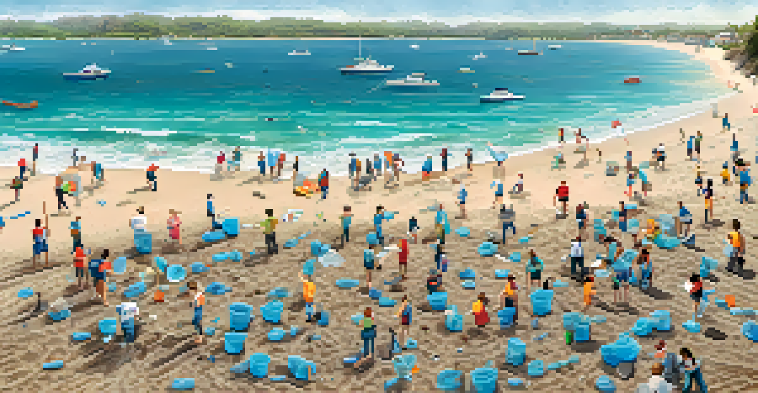 An aerial view of volunteers participating in a beach cleanup, with colorful trash bags and the sparkling ocean in the background.