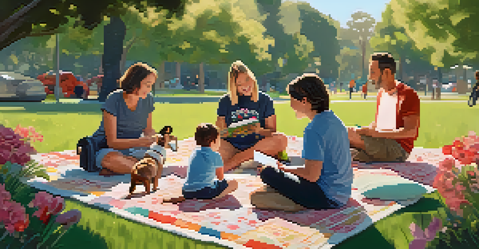 A family-friendly podcast recording in a park with children and parents storytelling, surrounded by blooming flowers and nature.