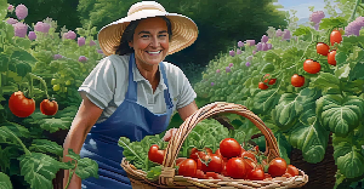 A close-up of a gardener harvesting fresh vegetables, holding a basket of tomatoes and greens in a vibrant garden.