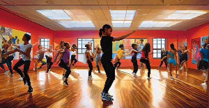 A lively dance studio with diverse dancers participating in a hip-hop class, surrounded by mirrors and colorful posters.