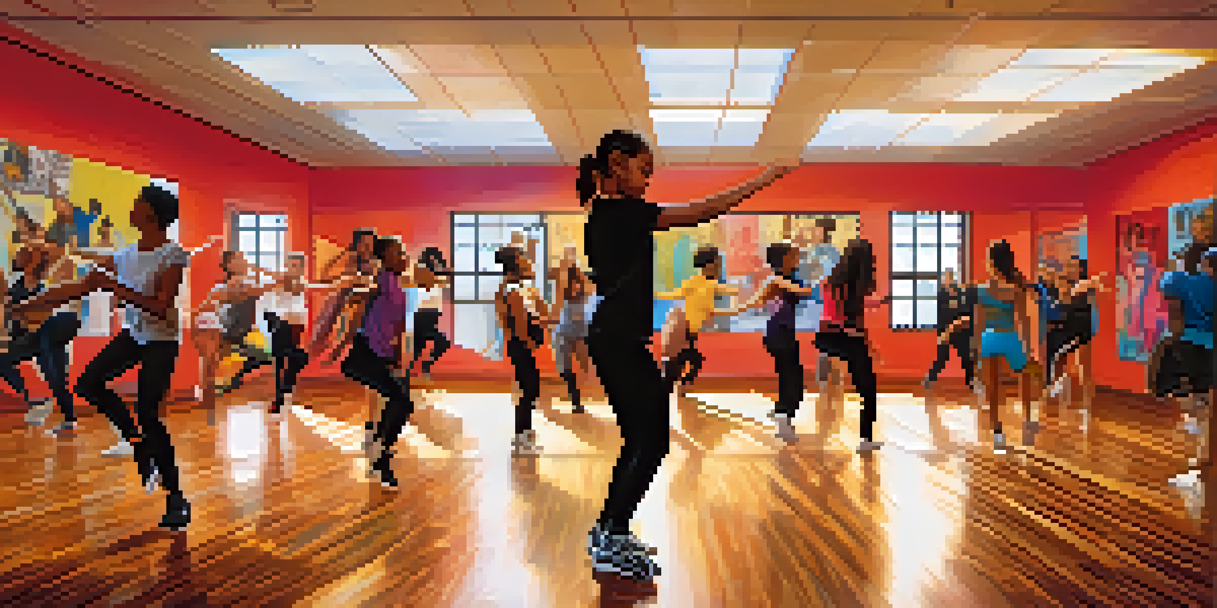 A lively dance studio with diverse dancers participating in a hip-hop class, surrounded by mirrors and colorful posters.