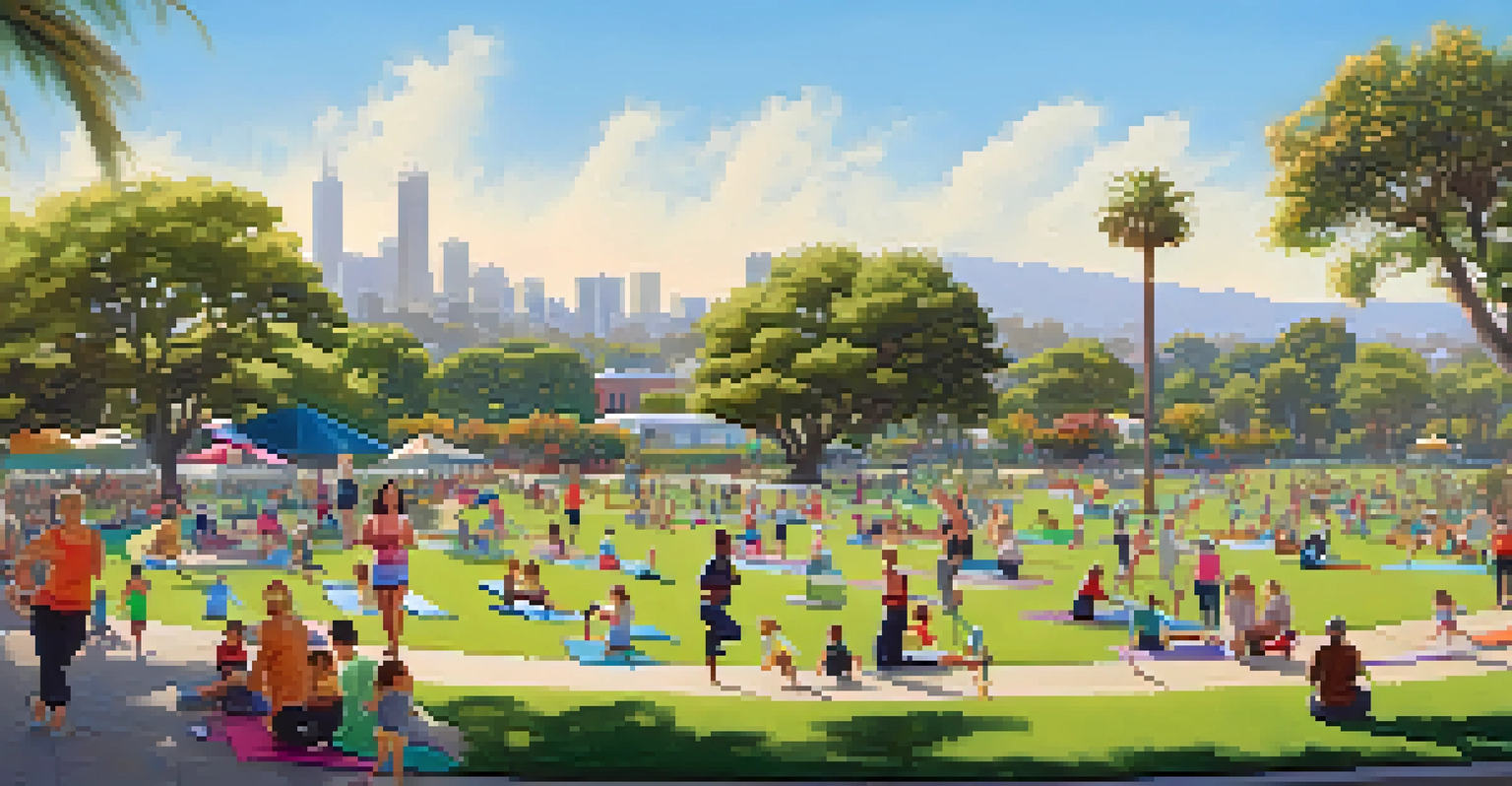 A lively community park in Santa Monica with people engaging in various outdoor activities.