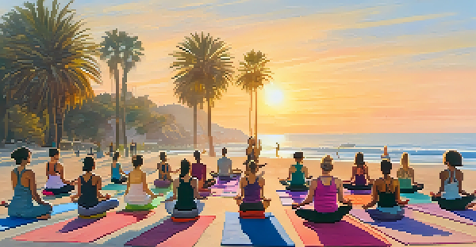 A diverse group of people practicing Hatha yoga on the beach during sunset, with palm trees and ocean waves in the background.