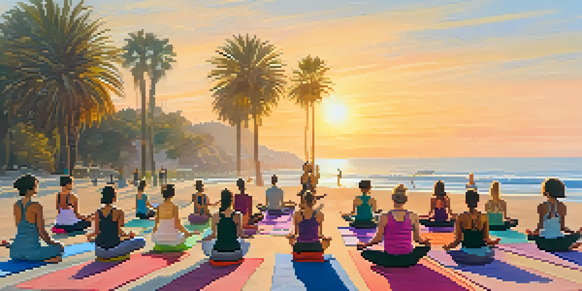 A diverse group of people practicing Hatha yoga on the beach during sunset, with palm trees and ocean waves in the background.