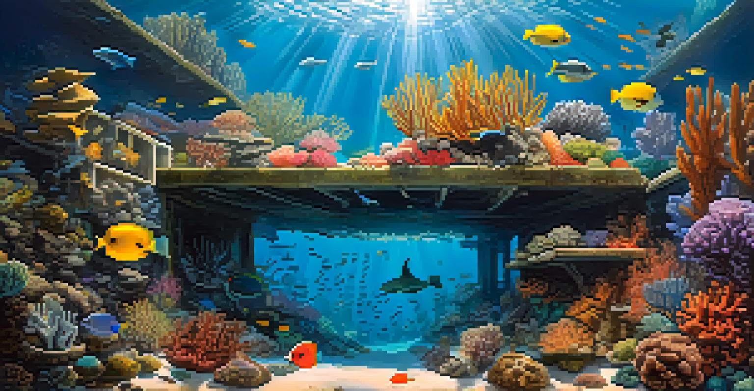 An underwater view of an artificial reef filled with marine life and colorful corals illuminated by sunlight.