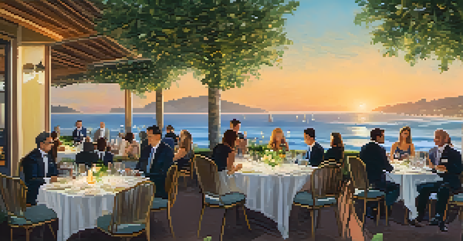 An outdoor wine and food pairing event in Santa Monica, featuring elegantly set tables and a chef presenting a dish with ocean views.