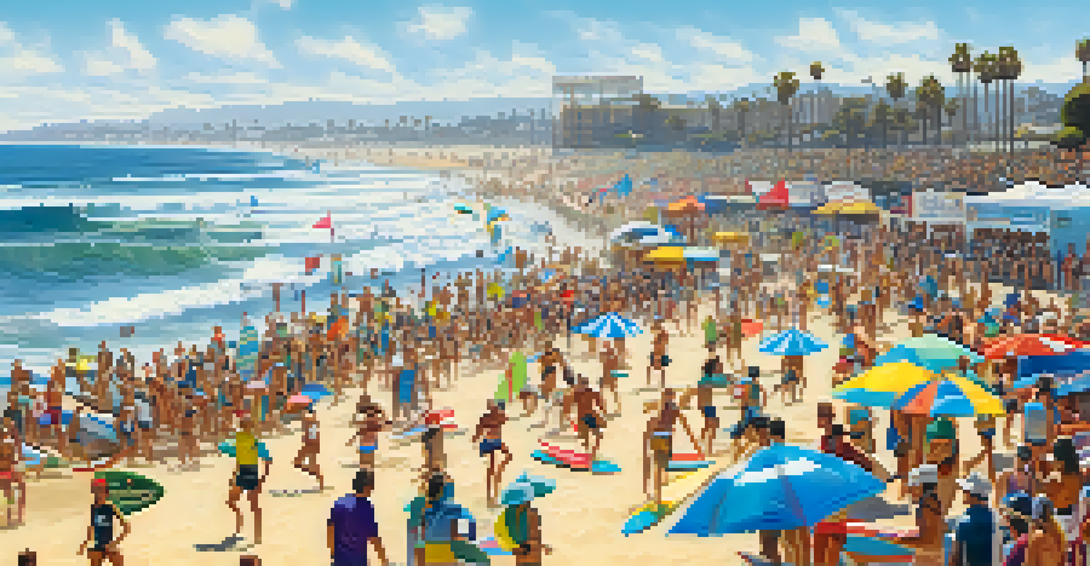 A lively surf competition in Santa Monica with diverse surfers and spectators enjoying the beach event atmosphere.
