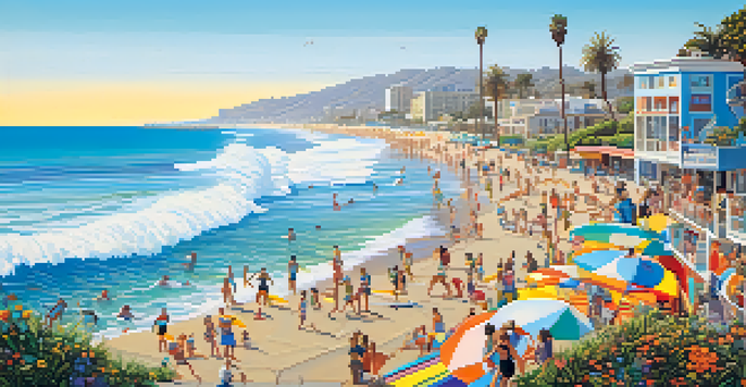 A colorful mural showcasing Santa Monica's beach with surfers and sunbathers under a bright blue sky.
