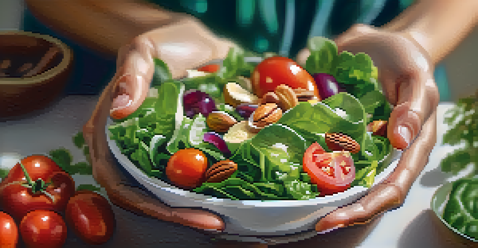 A close-up of hands holding a bowl of fresh salad, showcasing vibrant ingredients in a softly blurred kitchen setting with natural light.