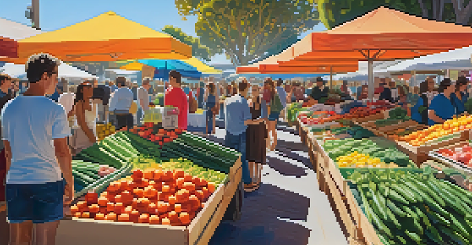 A lively farmer's market in Santa Monica with colorful stalls selling organic produce and flowers, bustling with diverse shoppers under bright sunlight.