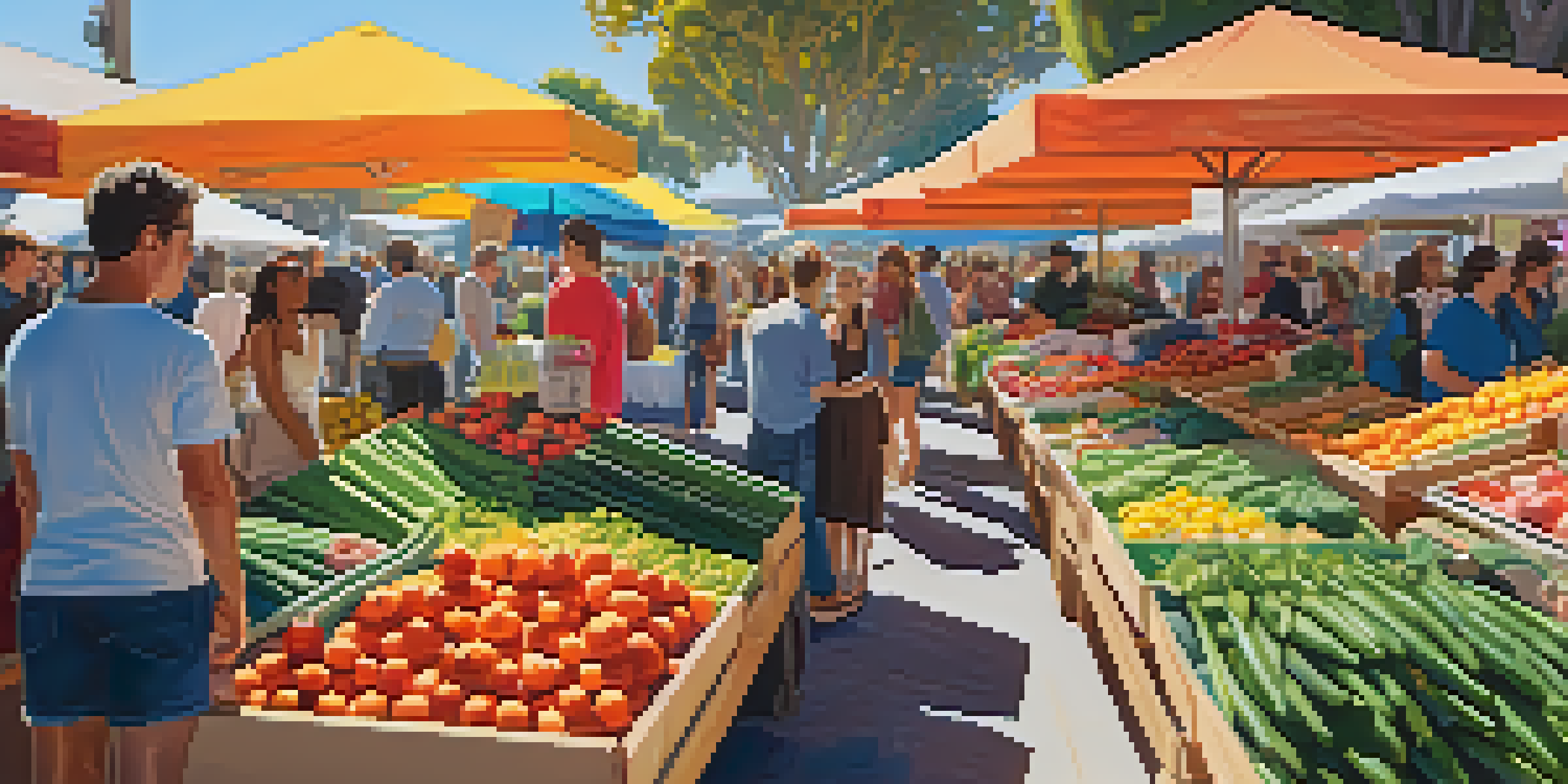 A lively farmer's market in Santa Monica with colorful stalls selling organic produce and flowers, bustling with diverse shoppers under bright sunlight.
