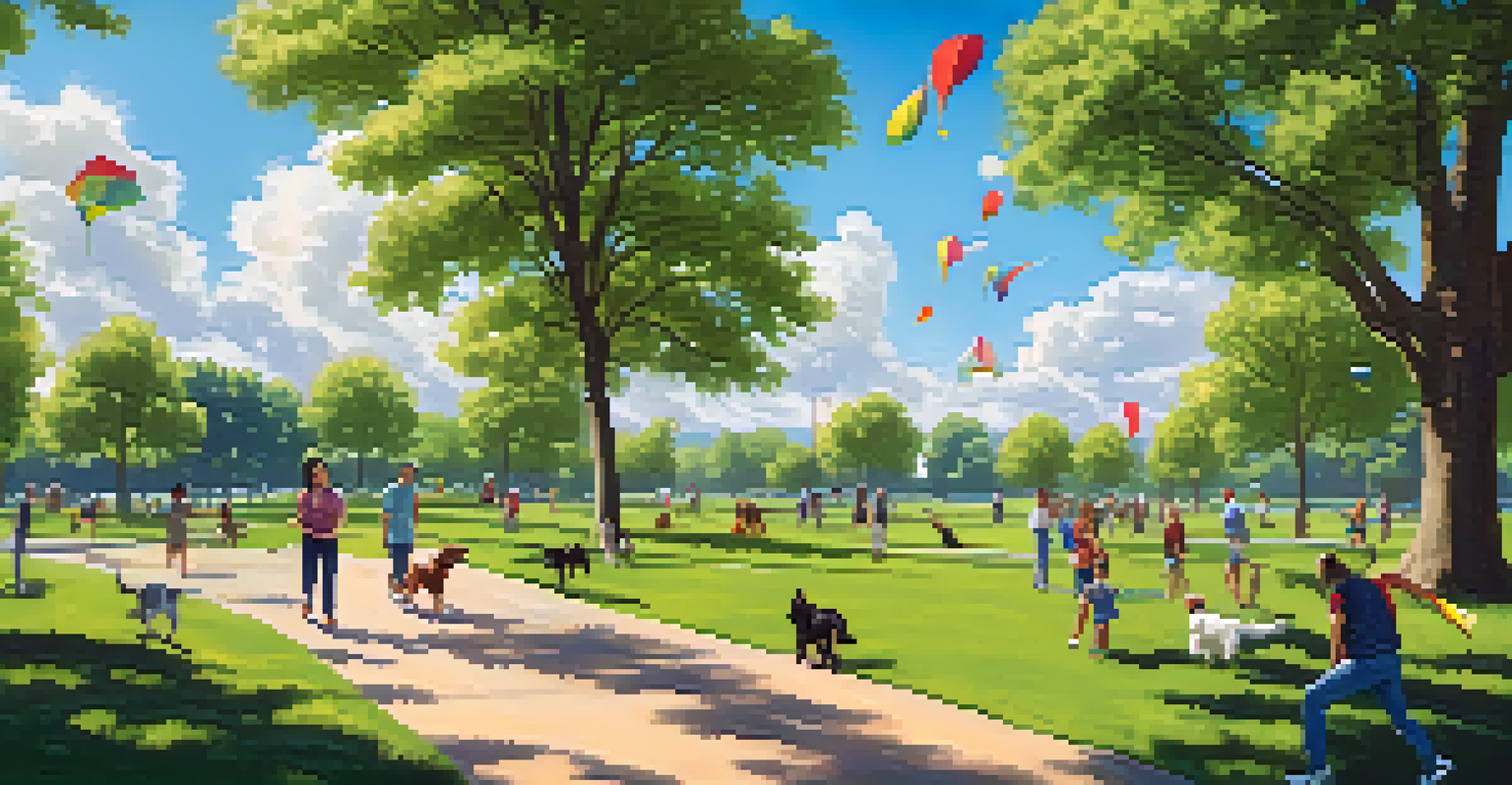 A lively park scene with people flying kites and playing frisbee, surrounded by green fields and trees.