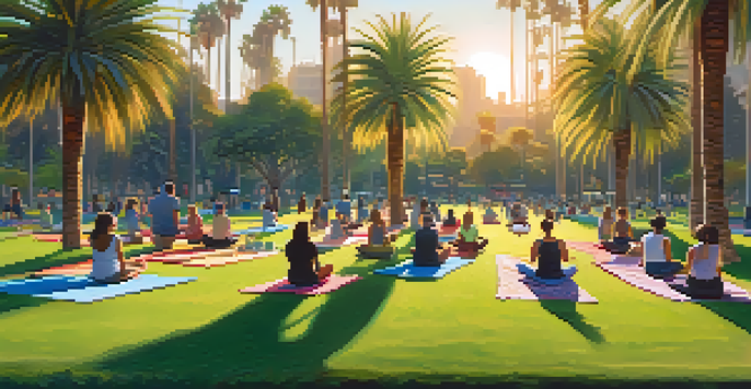 A vibrant park scene in Santa Monica with people practicing yoga, jogging, and enjoying a picnic under the warm golden sunlight.