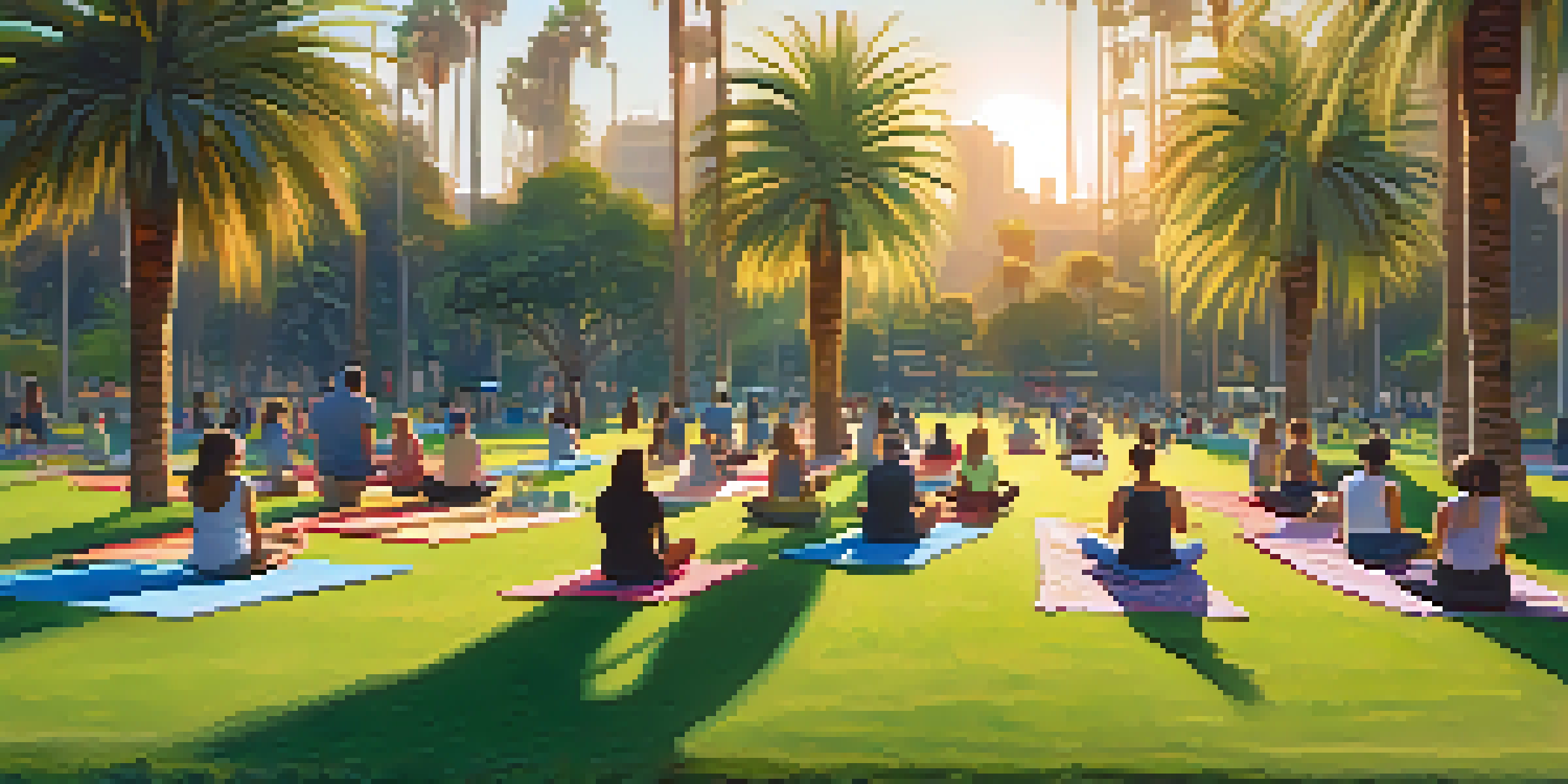 A vibrant park scene in Santa Monica with people practicing yoga, jogging, and enjoying a picnic under the warm golden sunlight.