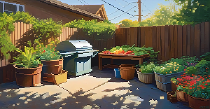 A backyard compost bin made of wood surrounded by green plants and colorful flowers, with sunlight filtering through the leaves.