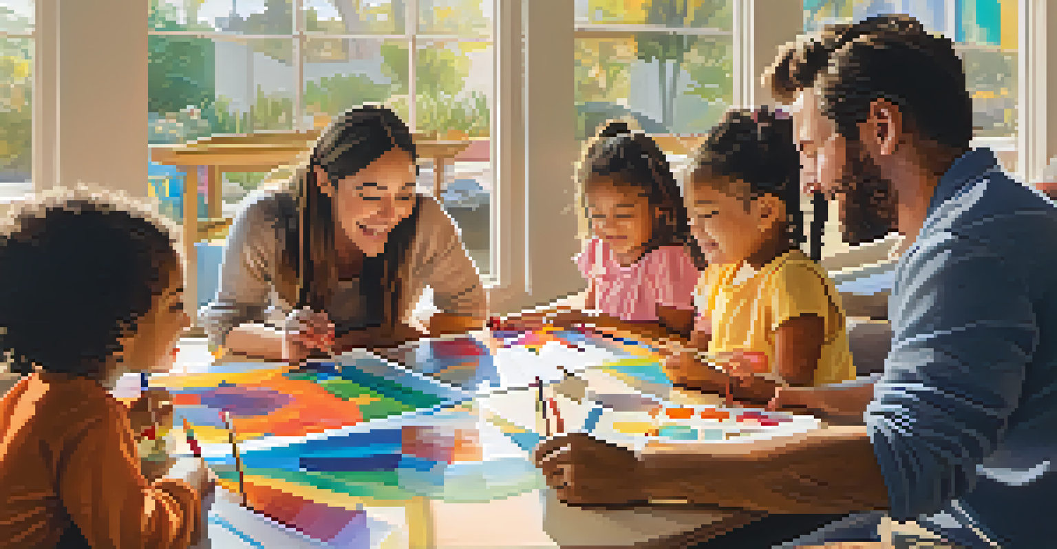 A family participating in an interactive art activity at a community center, surrounded by colorful supplies and artworks.