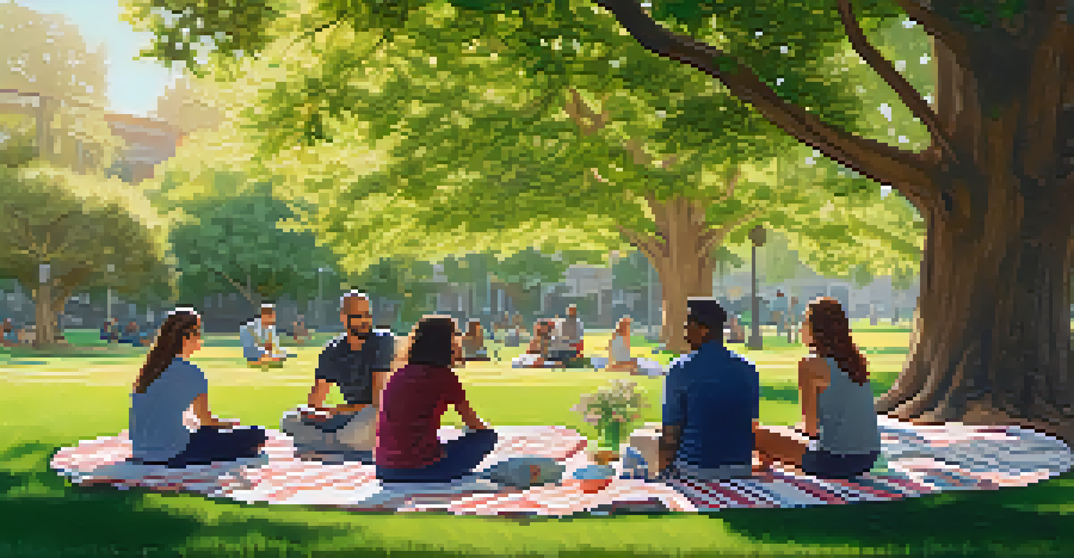 A small group of individuals in a supportive outdoor mental health meeting in a park in Santa Monica, surrounded by nature and warm sunlight.