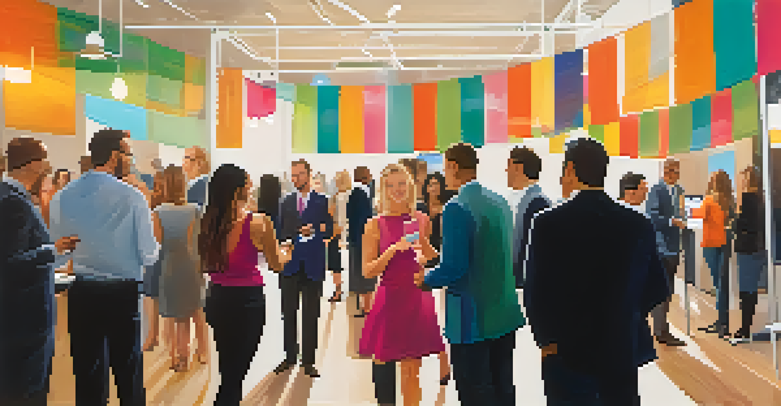 A bustling networking event in Santa Monica with entrepreneurs interacting and sharing ideas in a vibrant setting.