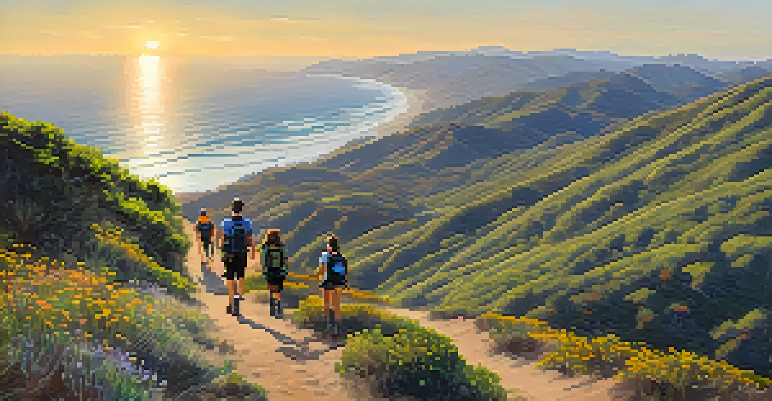 A beautiful hiking trail in the Santa Monica Mountains with hikers enjoying the view of the ocean at sunset, surrounded by greenery and wildflowers.