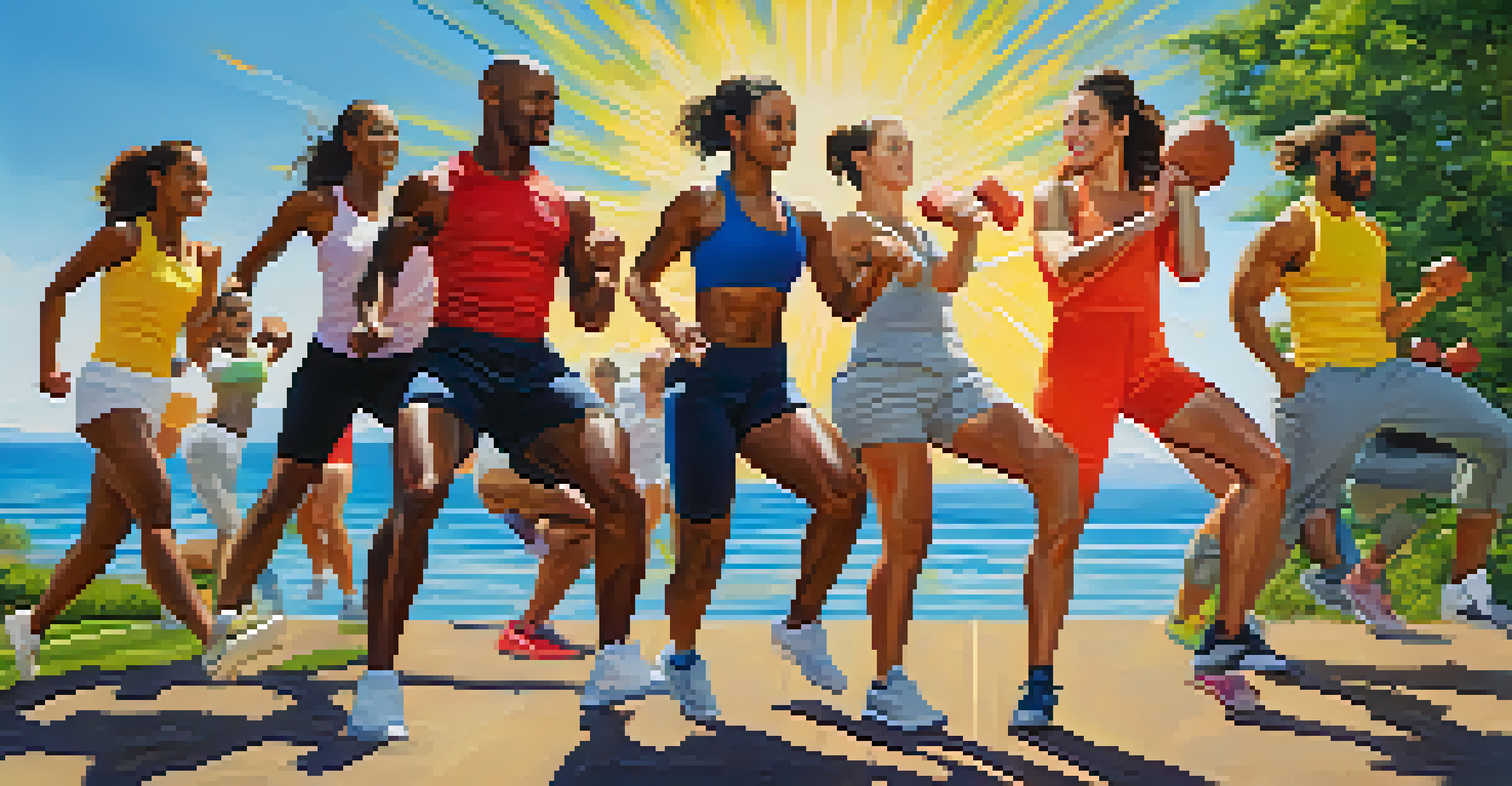 A diverse group of people exercising outdoors, each representing different astrological signs in a lively sunny setting.