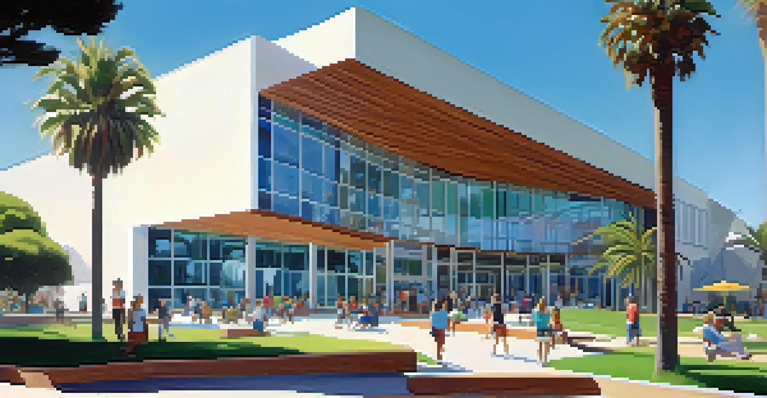 Exterior view of Santa Monica's main library with modern architecture and people engaging in activities outside.