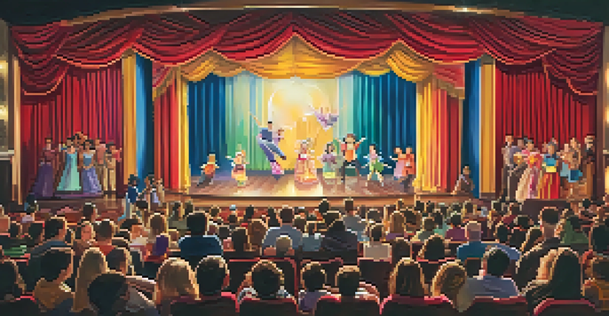 A lively family theater scene with families watching a colorful performance on stage, showcasing joy and excitement.