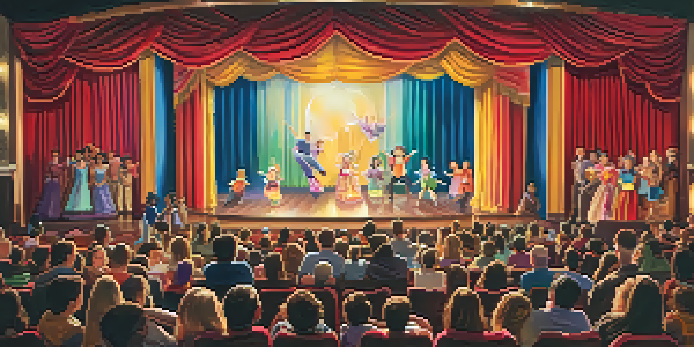 A lively family theater scene with families watching a colorful performance on stage, showcasing joy and excitement.