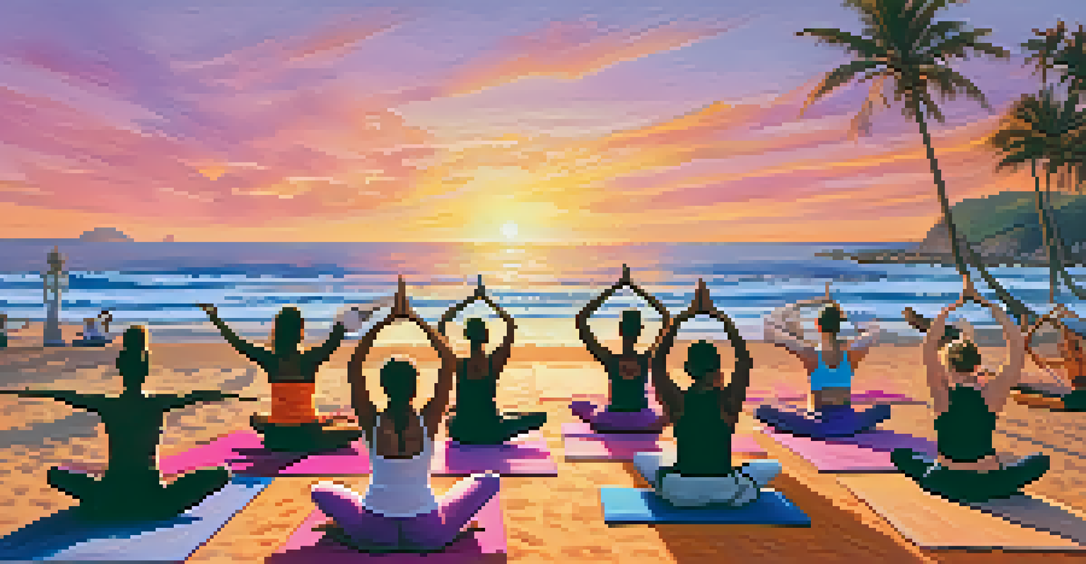 An outdoor yoga class on the beach at sunset with participants in various poses against a colorful sky.