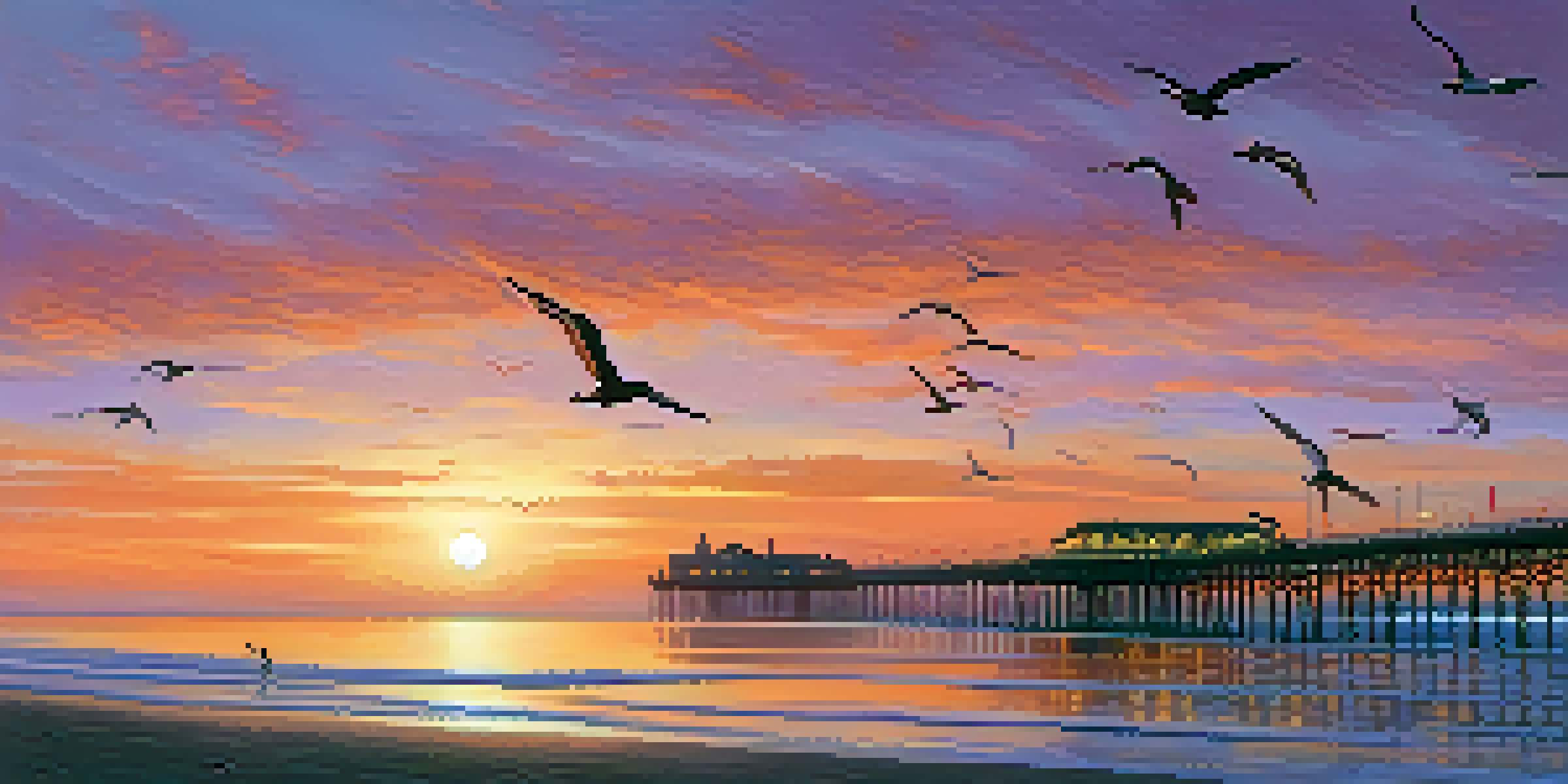 A sunset view of Santa Monica's coastline with a beach, coastal vegetation, seagulls, and the Santa Monica Pier in the distance.