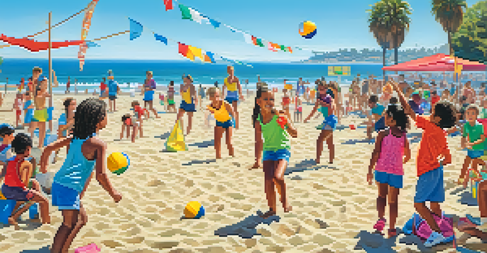 A lively beach camp scene with children playing volleyball and building sandcastles under a clear blue sky, with the ocean in the background.