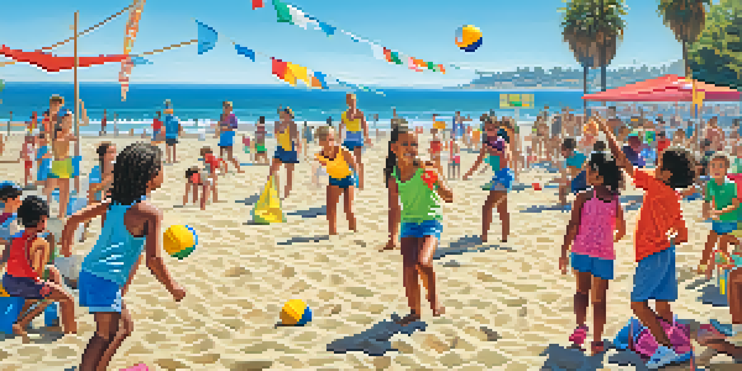 A lively beach camp scene with children playing volleyball and building sandcastles under a clear blue sky, with the ocean in the background.